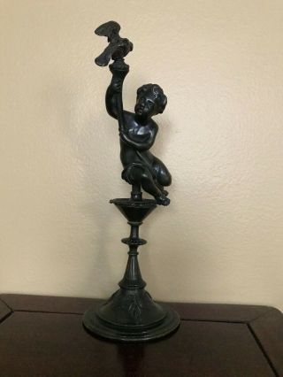 Antique Dark Bronze Figural Centerpiece - Boy & Bird - Excell Condition10.  5 " H