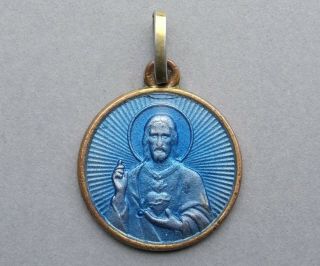 Jesus Christ,  Sacred Heart.  Antique Religious Pendant.  French Enamel Medal.