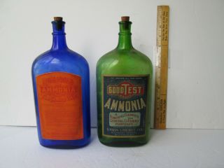Two Antique Labeled Ammonia Bottles 9.  5 In Tall Blue&green Norfolk Va.  & Buffalo