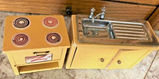 2 VINTAGE WOOD KITCHEN CABINET W/SINK - FAUCETS & STOVE - DOLLHOUSE RARE 3