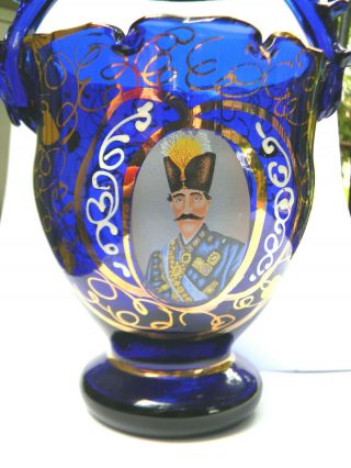 Hand blown Glass Cobalt Blue Vase Nasser Al Din Shah Qajar Persian Market Gilt 2