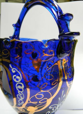 Hand blown Glass Cobalt Blue Vase Nasser Al Din Shah Qajar Persian Market Gilt 3