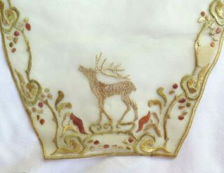 Antique early 1900 ' s Oval SIlk Embroidery ReindeerLinens Norway 13.  5 x 25 