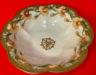 Antique Hand Painted Nippon Bowl 10 1/2 " Thick Gold Gilt Border Beads Floral