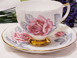 Royal Vale Bone China Teacup & Saucer England Pink & Grey Floral Design Gold Rim
