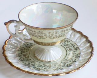 Vintage Lusterware Tea Cup & Saucer Reticulated Yellow & Gold Footed Bone China