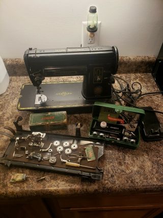 Rare Black Singer 301 Sewing Machine,  Button Holer,  And Base 1951 Na079161