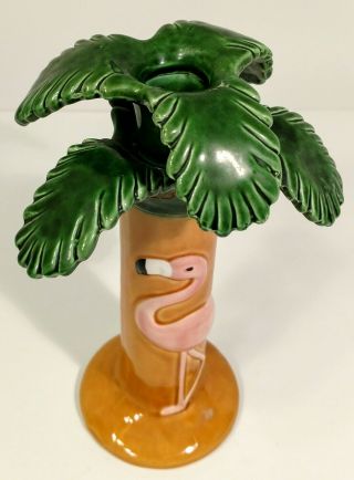 Vintage Palm Tree Flamingo Ceramic Candlestick Vandor Imports 1979 Taffy Dahl 3