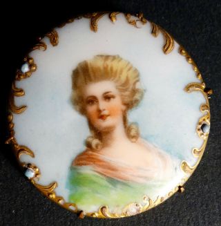 Rare Antique Vintage Painted Portrait Cameo Porcelain Brooch Pin Gold Gilt