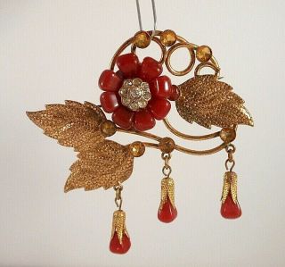 Vtg/antique Art Nouveau Carnelian Glass Briolett Flower Drop Gold Tone Brooch