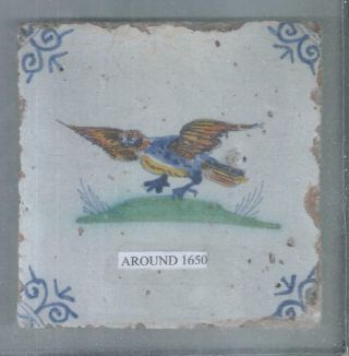 Rare Antique Dutch Delft Bird Tile Around 1650