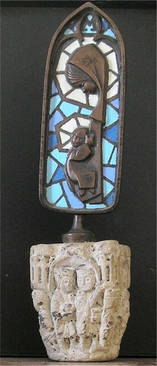 Rare 18th/19th Cent French Bronze & Enamel On Carved Stone Base Religious Icon