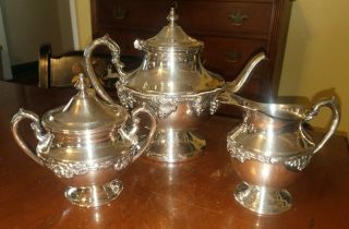Antique Silverplate Teaset Teapot Creamer & Sugar Grape & Vine Copper