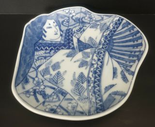 Antique Vintage Blue & White Porcelain Geisha Lady Dish Plate Assymetrical Shape