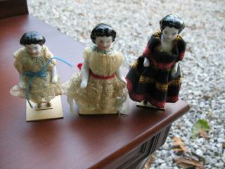 3 Antique German China Shoulder Head Dolls With Cloth Body 3 1/2 4 4 1/2 High
