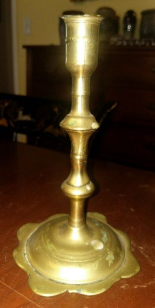 Antique Brass Queen Anne Candlestick Petal Base 18th Century