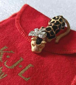 Vintage Kenneth Lane Kjl Signed Swarovski Crystal Enamel Cat Leopard Brooch Pin