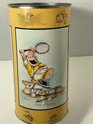 Vtg Tennis Cartoon Themed Metal Trash Can Waste Basket Gary Patterson Artwork