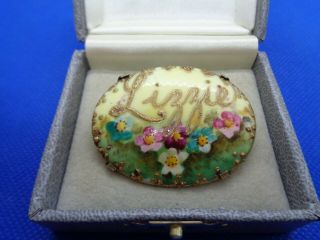 Rare Large Antique Victorian Enamelled Forget Me Not Flower Name Brooch - Lizzie