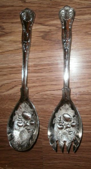 Vtg F B Rogers Set Of Kings Salad Fruit Silver Serving Spoon Fork Made In Italy