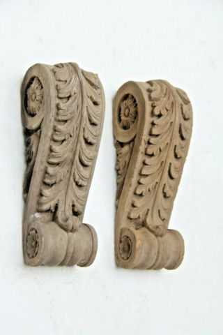 RARE HAND CARVED FRENCH GOTHIC FANCY CHURCH WOOD CARVING PAIR PLAQUE BRACKET 2