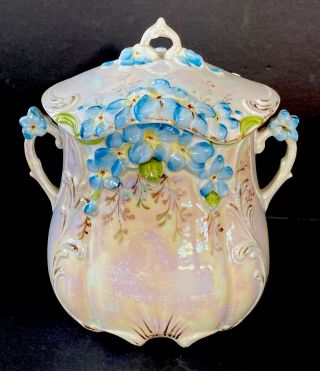 Vintage/antique Lusterware Cookie Biscuit Jar Hand Painted Floral Blue W Lid