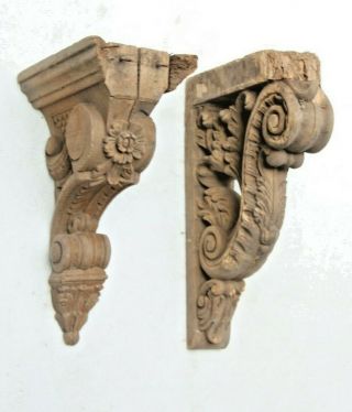 Rare Hand Carved French Gothic Fancy Church Wood Carving Corthian Plaque Bracket