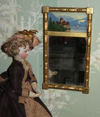 Rare Antique Miniature Gilded French Fashion Doll Mirror W/reverse Painting