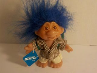 Vintage 1986 Dam Norfin Troll Doll 5 " Backpacker Hiker Blue Hair W Tag Complete