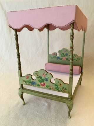 Vintage Wood Glorious Floral Hand Painted Canopy Bed Signed - Marcelo