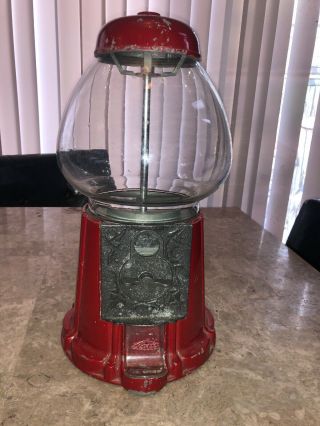 Vtg Red Cast Iron Carousel Bubble Gum Candy Machine Rare Door Spins