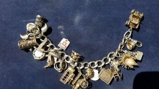 Vintage 1925 Solid Silver Charm Bracelet & 24 Charms,  Rare,  Open,  Move Steam Engine