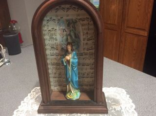 Antique Religious Statue With Arched Wood Display Old Clock Box