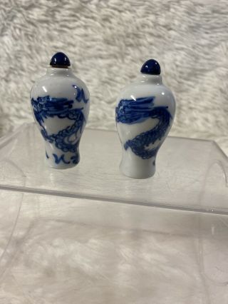 2 - Vintage Chinese Snuff Bottle - Blue And White Porcelain With Top And Spoon
