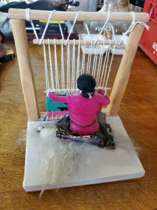 Native American Navajo Indian Rug Weaver Doll Miniature Loom.  Vintage Figurine.