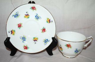 Crown Staffordshire Fine Bone China England Colorful Flowers - Tea Cup And Saucer