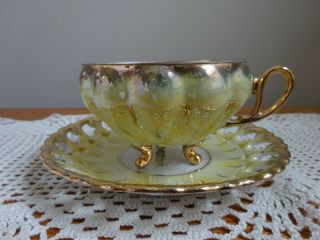 Royal Sealy Lusterware Teacup & Reticulated Saucer Yellow Iridescent Gold Trim