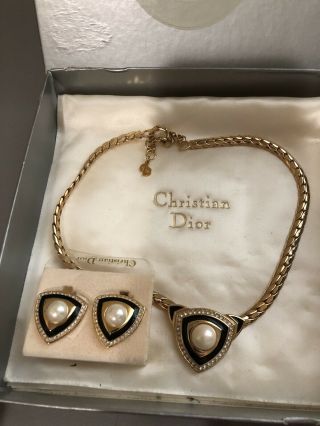 Rare Authentic Vintage Christian Dior necklace earrings Set Diamonds Gold Pearl 3