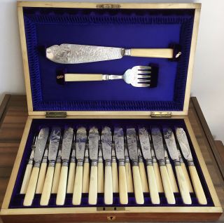 Rare Antique Victorian Silver Collar Fish Cutlery Set Engraved With Fish