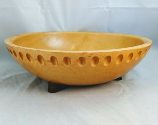 Vintage Signed Munising Large Round Wooden Bowl With Feet 13 " Across