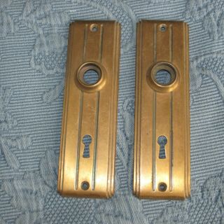 2 Matching Vintage Art Deco Brass Door Knob Backplates With Keyhole,  6 1/4 Inch