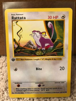 1999 Pokemon Game 1st Edition Shadowless Base Set Rattata 61/102