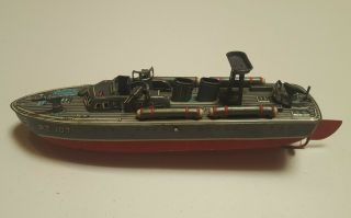 Line - Mar Pt 107 Tin Toy Boat (japan) 1950s Metal Battle Ship W Guns Antique Vtg