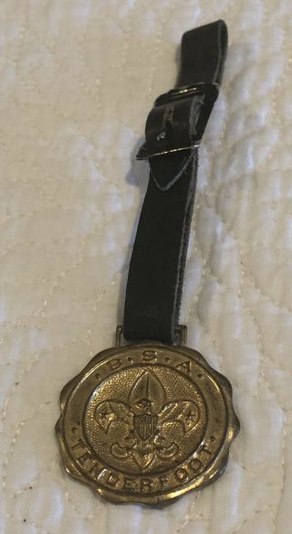 Vintage Antique Boy Scout Of America Bsa Tenderfor Foot Metal On A Leather Strap