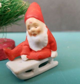 Vintage Antique Germany Bisque Snow Baby Elf Pixie Santa On Sled No Snow Red