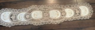 Antique Vintage Crocheted Lace,  Linen & Embroidered Table Runner 57” X 12 Ecru