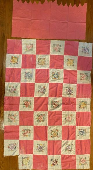 Vintage Quilt Top Flour Sack Embroidery Flowers Pink Squares Unfinished 72 X 49