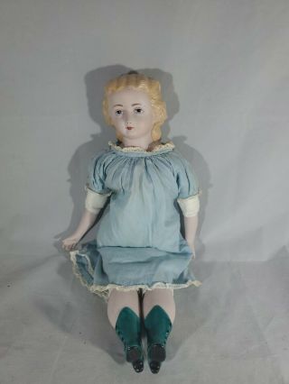 Vintage China Head Doll Molded Hair Blue Eyes China Boots Hands Maked Edgecomb