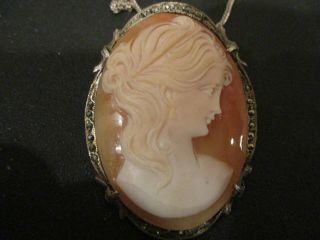 Antique Carved Cameo Brooch Victorian Woman Set In 800 Silver On Silver Chain