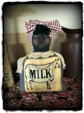 Primitive `handmade Black Mommy Stump Doll` Doily Collar`` Cow` Milk`